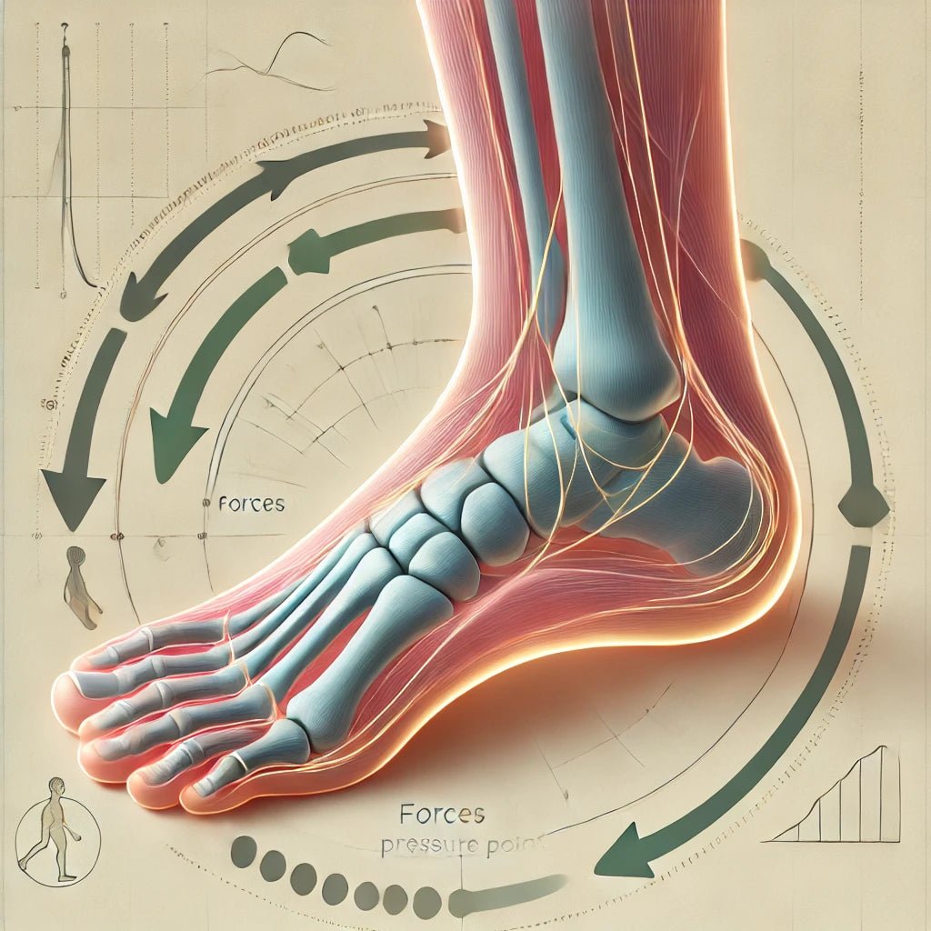 Ilustración anatómica del pie humano mostrando fuerzas y puntos de presión, subrayando la importancia del calzado barefoot de BareMotion para una salud óptima del pie