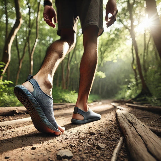 Persona caminando en un bosque con zapatos barefoot de BareMotion, capturando la conexión natural con el terreno