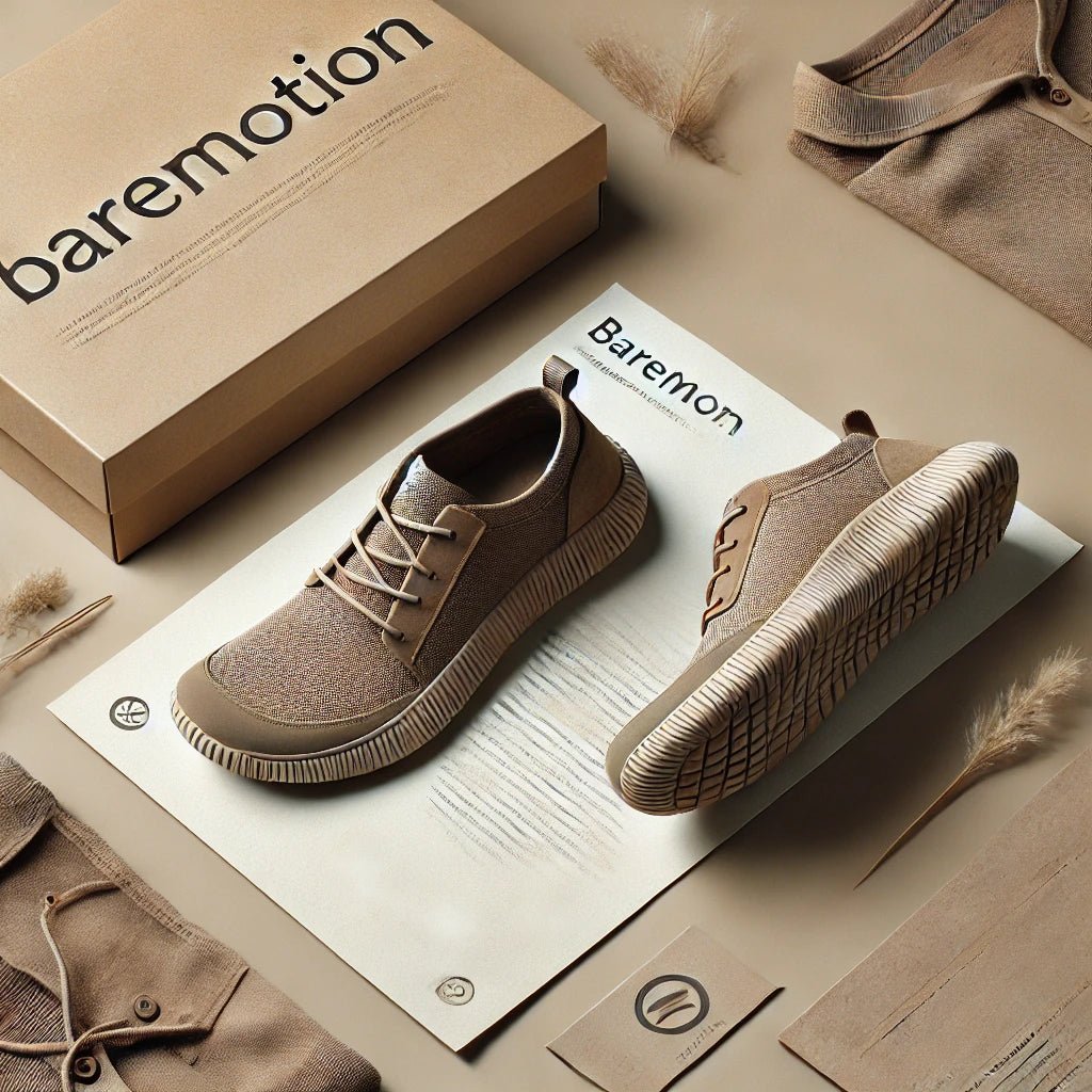 Zapatos BareMotion presentados junto a la caja de la marca, destacando el diseño minimalista y sostenible del calzado barefoot