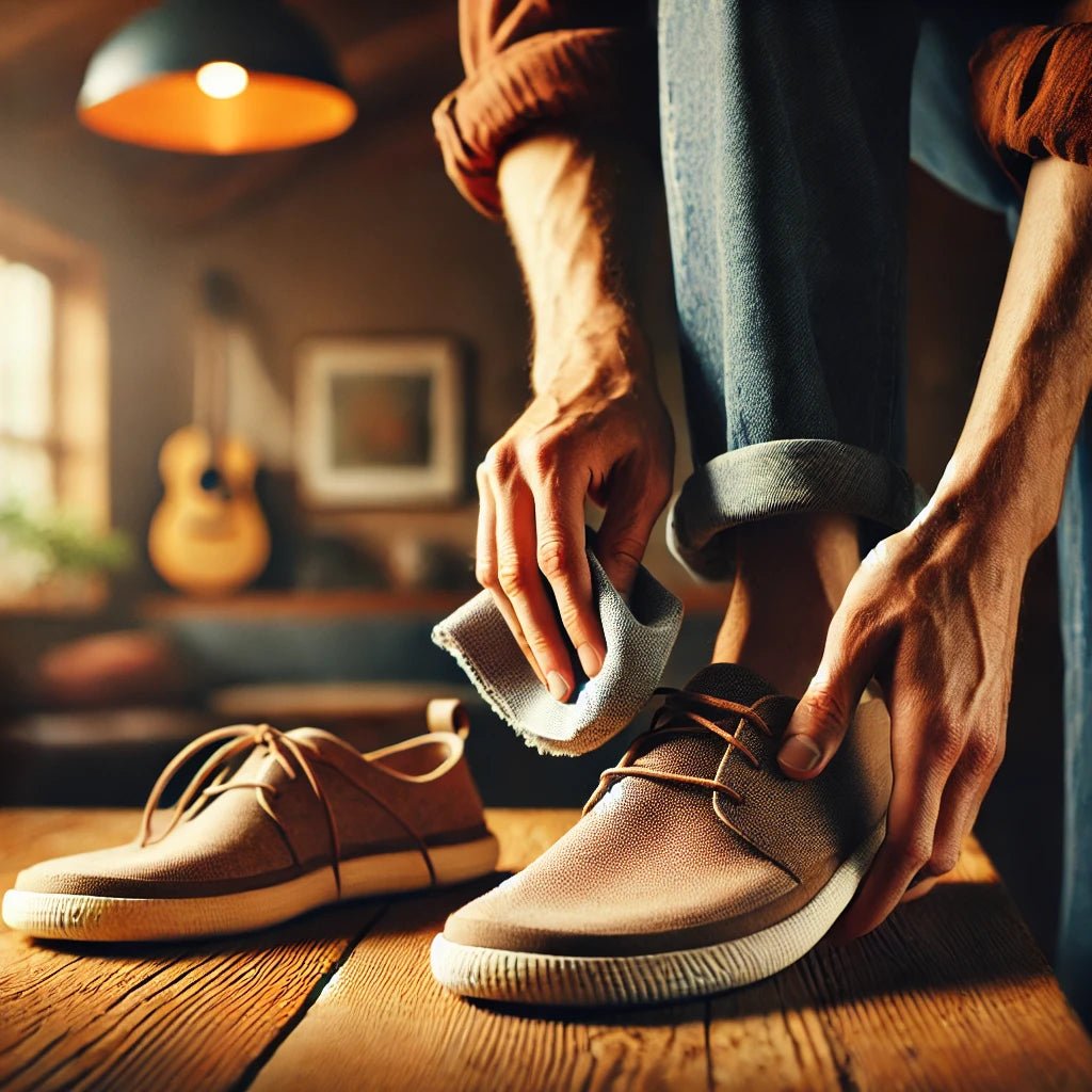 Persona limpiando un par de zapatos barefoot en un ambiente acogedor, destacando el cuidado y durabilidad del calzado BareMotion