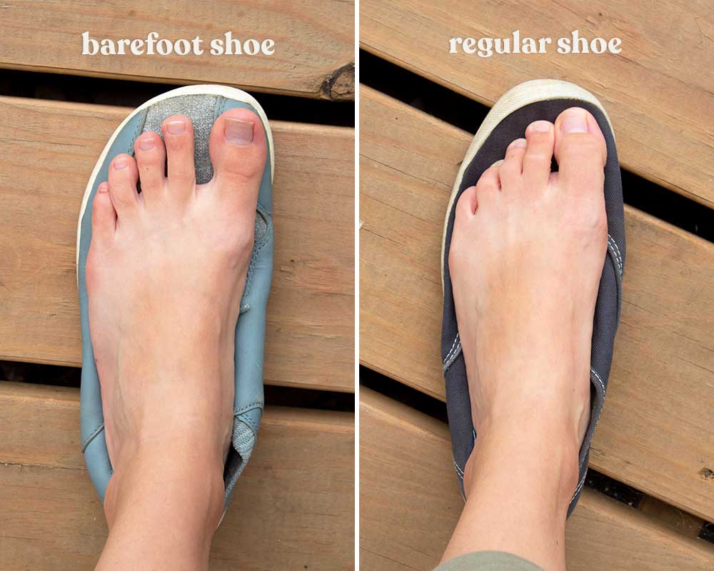 Comparación visual entre un zapato barefoot y un zapato convencional, mostrando la diferencia en la comodidad y espacio para los dedos